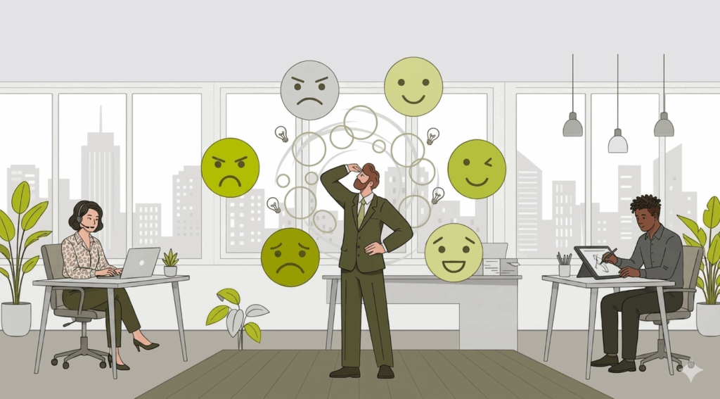 Un homme dans un bureau qui s'interroge sur ses émotions